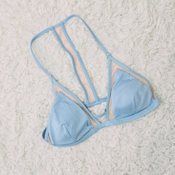 PINK Victoria's Secret Other - PINK Victoria's Secret Swim Bikini Top Small Blue Mesh Trim T Back Triangle